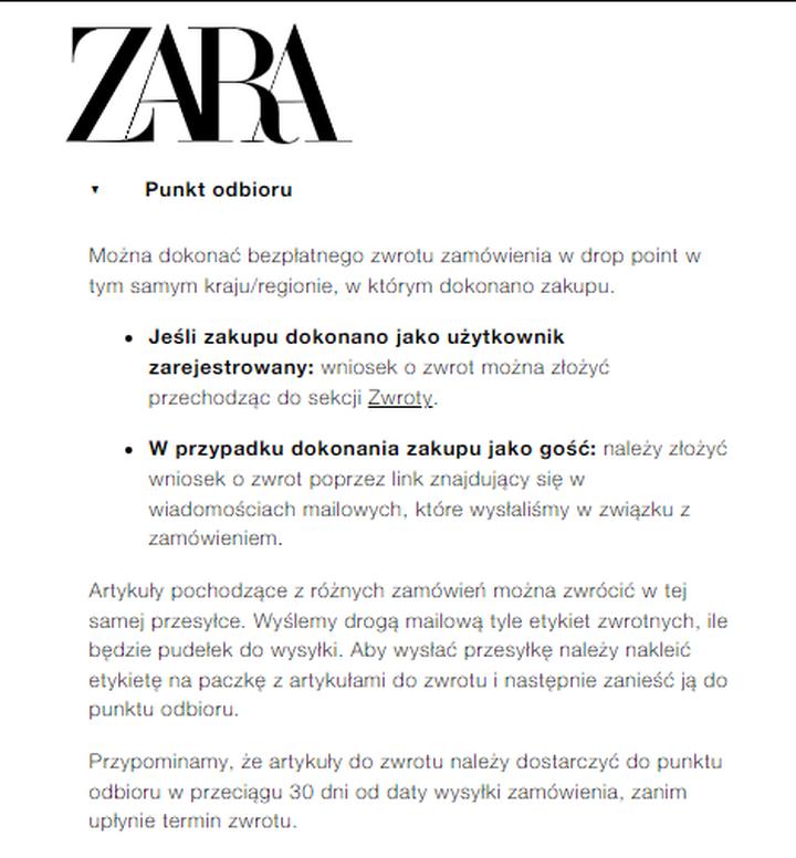 Dokumenty do zwrotu zamówienia Zara